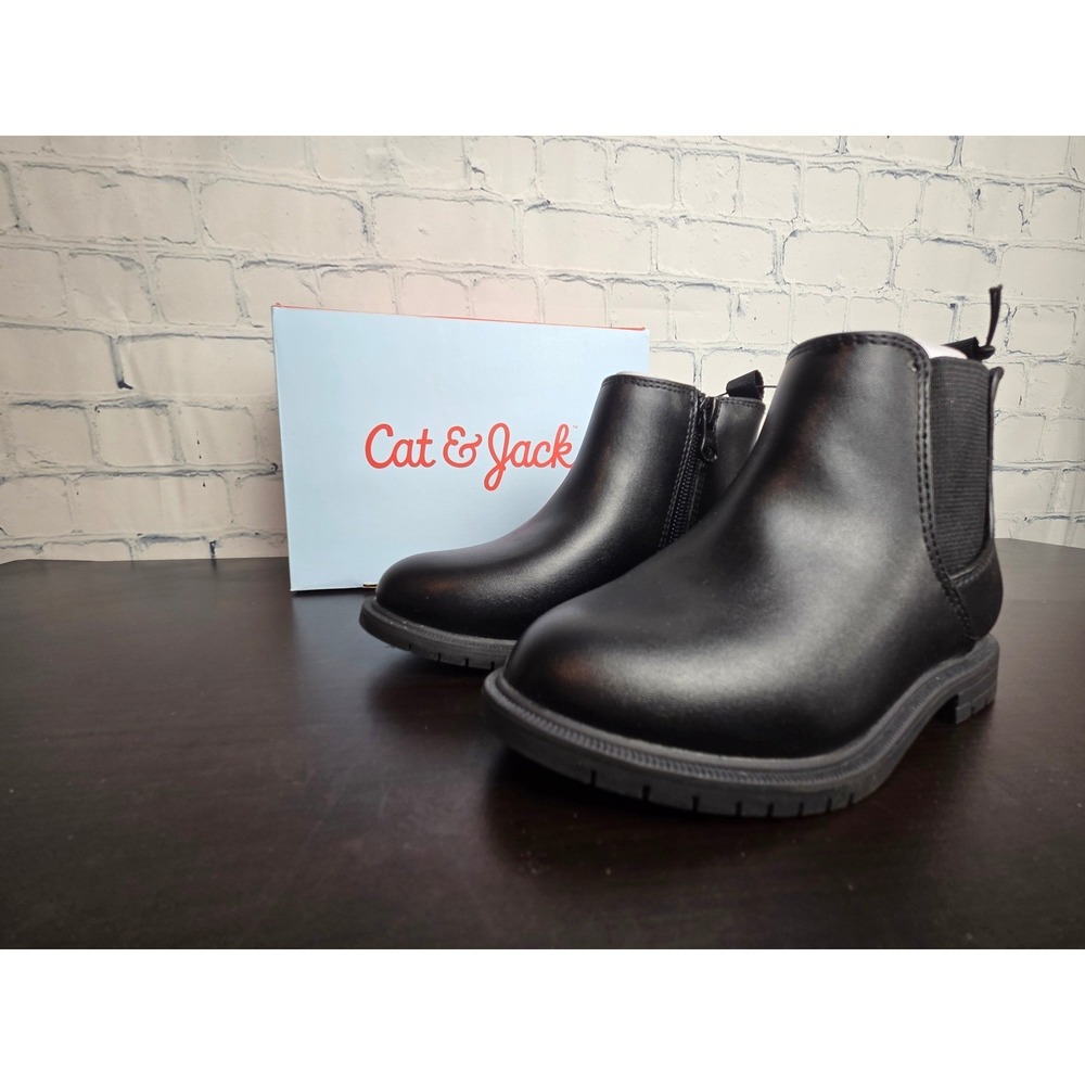 Cat & Jack Toddler Tanner Chelsea Boots Black Faux Leather Size 9T Side Zip